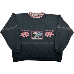 VTG 90s Women's Ton Sur Ton India Story Elephant Aztec Crewneck Sweatshirt Sz M